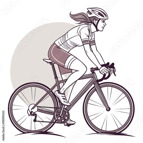 A digital illustration depicts a female cyclist in motion riding a road bike with a focused expression and streamlined attire high quality