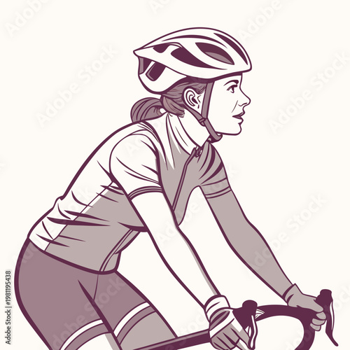 A stylized illustration depicts a female cyclist in profile wearing a helmet and athletic gear focused on the road ahead high quality