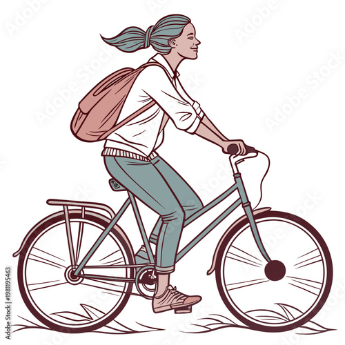 A young woman with tied back hair is happily riding a vintage bicycle outdoors enjoying a pleasant day high quality professional detailed