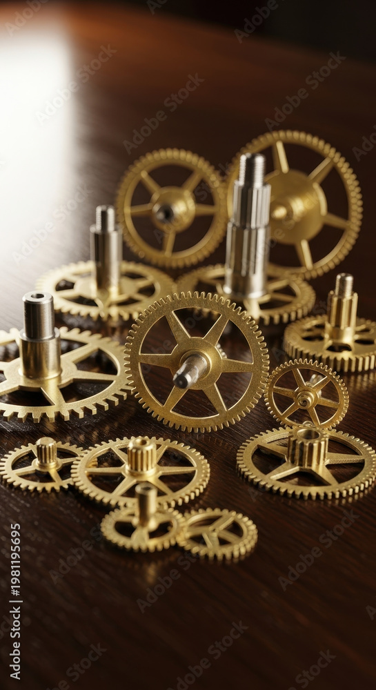 Fototapeta premium Golden gears in artistic arrangement on wooden background for steampunk concept