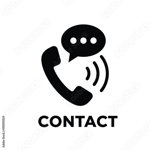 A simple black icon depicts a telephone handset with a speech bubble accompanied by the text contact high quality