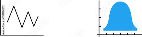 Line graph and bell curve illustration, jagged fluctuating data chart, smooth Gaussian distribution artwork, modern abstract statistical design, educational data visualization concept