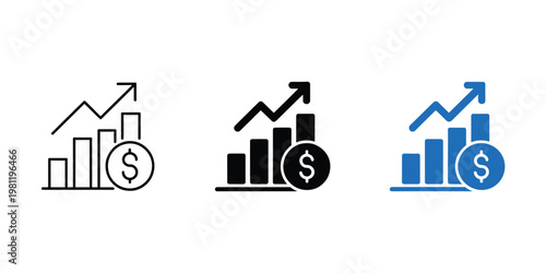 Financial growth icon rising bar chart upward arrow dollar coin profit revenue increase investment success financial performance concept illustration