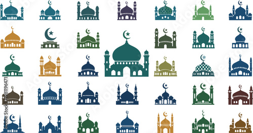 Collection of colorful Islamic mosque illustrations in various designs and styles.