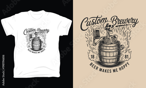 Skeleton in barrel illustration custom brewery vector art with flames.
