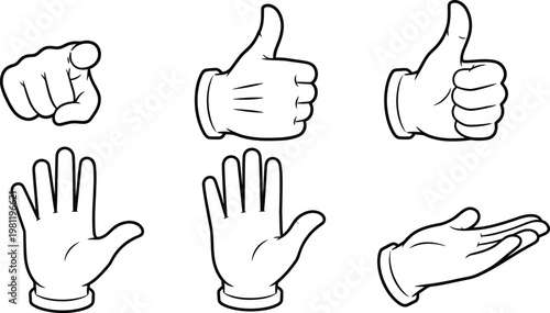 Set of hand gestures displaying thumbs up and open palms in various orientations Vector