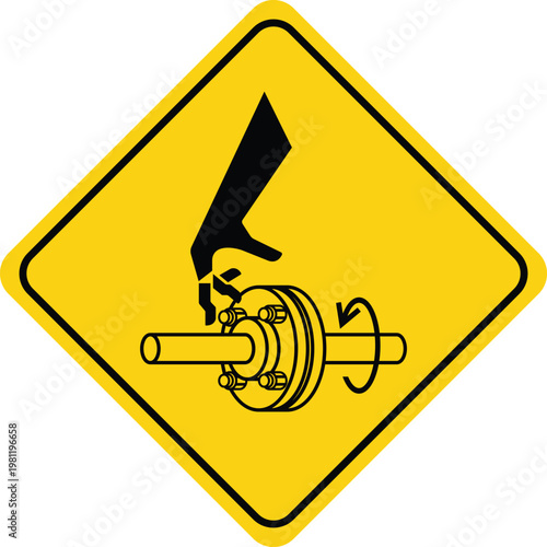 Warning sign for rotating machinery hazard hand crushing danger symbol industrial safety pictogram for machinery operation isolated on yellow background