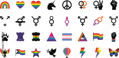 LGBTQ+ pride symbols set, colorful and black icons representing diversity and equality collection.