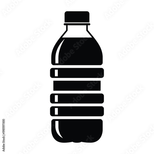 A simple black and white illustration depicts a plastic water bottle with a cap stacked on multiple rectangular blocks high quality