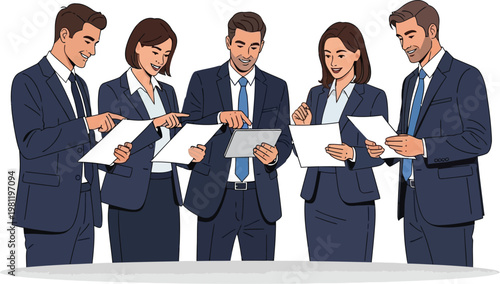 Team members collaborate while reviewing important documents and analytics.