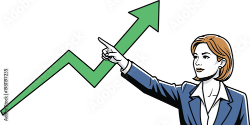 Businesswoman points towards a rising green arrow indicating financial.