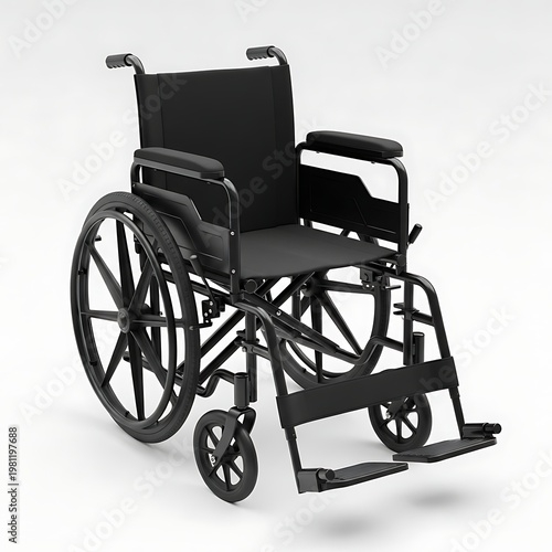 A black wheelchair with a seat and backrest