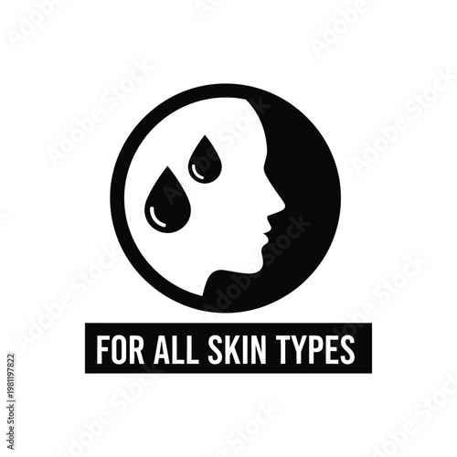 A black and white circular icon depicts a face in profile with teardrops and text below indicates suitability for all