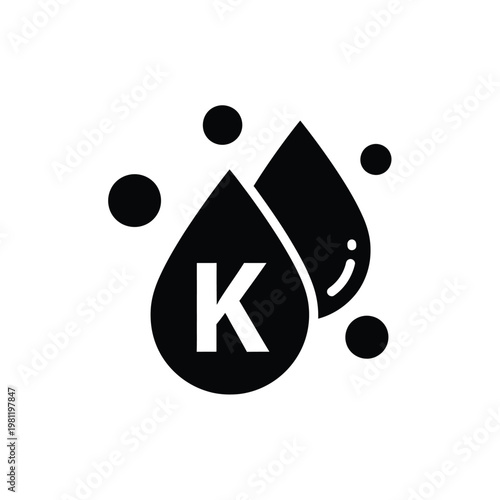 A stylized black icon depicts water droplets containing the letter k suggesting potassium or a related concept high quality