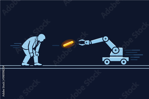 Human to Robot Work Handoff Concept with Relay Baton Transfer Showing Automation Replacing Repetitive Labor Illustration