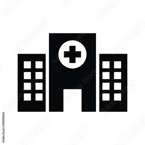 A minimalist black and white icon depicts a hospital building with a prominent medical cross symbol on its facade