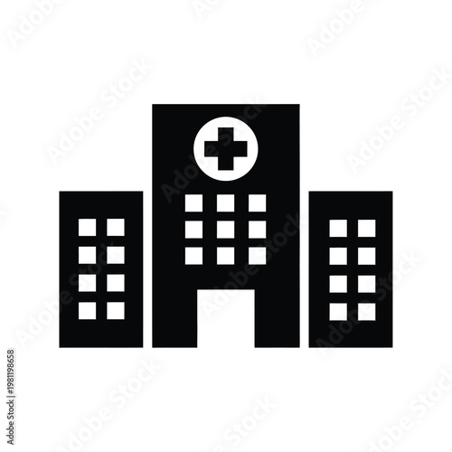 A simple flat design illustration of a hospital building with surrounding structures utilizing a black color scheme high quality