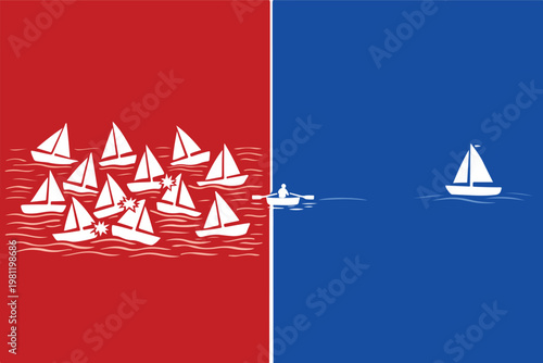 Blue Ocean Strategy Concept with Split Market Showing Competitive Red Zone and Untapped Opportunity Space Illustration