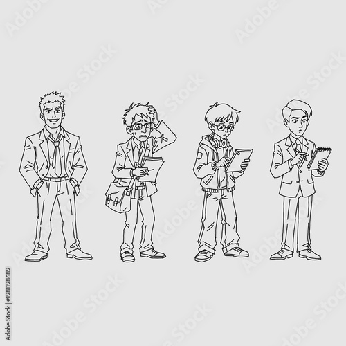 Set of 4 minimalist black line art professionals. Diverse male characters: confident boss, stressed clerk, tech student, and journalist. Clean vector bundle for workplace and career concepts.