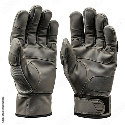 A pair of black leather gloves on a white background