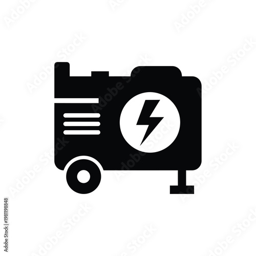A simple black silhouette illustration depicts a portable generator with a lightning bolt symbol on its side high quality