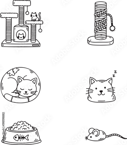 Cat care and kitten accessories set with scratching post, cat tree, food bowl and toy mouse line art.