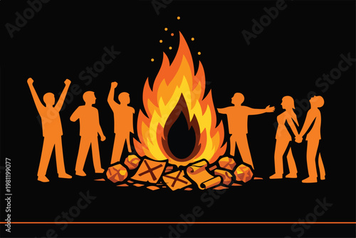 Team Success Celebration Concept with Bonfire Fueled by Failed Ideas Representing Growth Through Learning and Persistence Illustration
