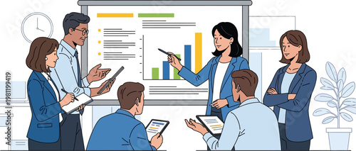 Employees discuss business metrics during a formal presentation in the.