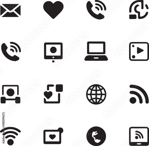 Collection of social media and global networking icons in flat black style
