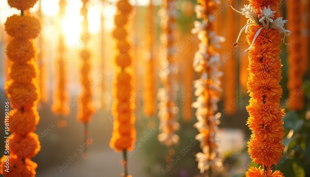 Naklejka premium Bright orange marigold flower garlands hang in soft sunlight. Floral decorations string together for spring festivals and cultural celebrations. Festive atmosphere with natural beauty.