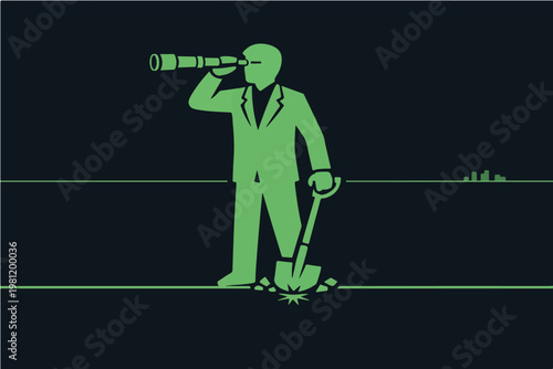 Vision and Execution Balance Concept with Entrepreneur Using Telescope While Digging Representing Strategy and Action Illustration