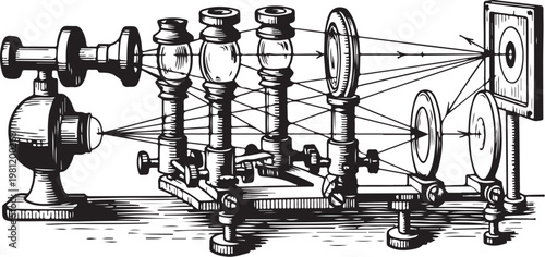 Vintage mechanical projection system with multiple lenses and a screen hand drawing illustration vector