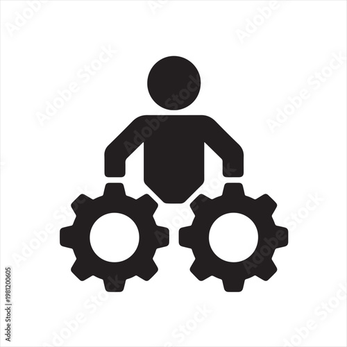 3D illustration of a business man standing with a large metal gear mechanism symbolizing industrial technology, engineering teamwork, and mechanical power within a modern work concept
