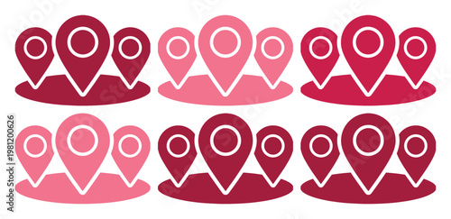 ピンのアイコンセット、地図上の場所を示す鮮やかなピンクと赤のロケーションマーカー、GPSナビゲーションやビジネスの拠点を示すベクターイラストコレクション