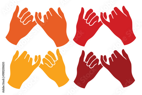 指切りげんまん、約束のしるし。信頼と友情を象徴するカラフルな手と指のジェスチャー、絆を深めるベクターイラスト素材。