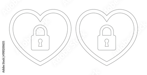 ハートと南京錠のシンプルな線画アイコンセット、愛とセキュリティを象徴するミニマルなデザイン、ウェブサイトやアプリのUI/UXに最適なベクター素材