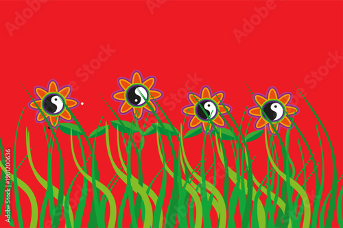A vibrant digital illustration depicts four flowers with yin and yang symbols as their centers set against a red background.