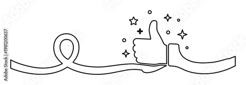 高評価の親指を立てた手のジェスチャー、輝く星とドットが舞うグッドサインのベクターイラスト。肯定的なフィードバック、成功、承認を示すシンプルな線画デザイン。