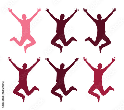 喜びと成功を表現する、躍動感あふれるジャンプする人々のシルエットベクターセット。多様な感情とポジティブなエネルギーを伝える、ビジネスやライフスタイルデザインに最適なグラフィック素材。
