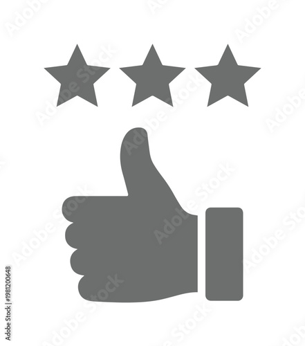 高評価と満足度を示す、3つの星と親指を立てた手のシンプルなモノクロベクターアイコン。顧客フィードバック、レビュー、サービス品質評価に最適なグラフィックリソース。