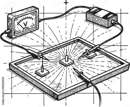 Electric field mapping demonstration using a field mill and voltmeter setup hand drawing illustration vector
