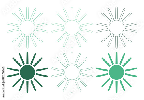 ミニマルでモダンな太陽のアイコンセット、様々な緑のグラデーションとアウトラインデザイン、天気予報や環境関連プロジェクトに最適なベクター素材集