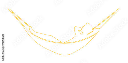 ハンモックでリラックスする人物のミニマルな線画イラスト、夏の休暇やアウトドアレジャーを象徴するベクターアイコン、シンプルなデザインでウェブサイトやアプリに最適