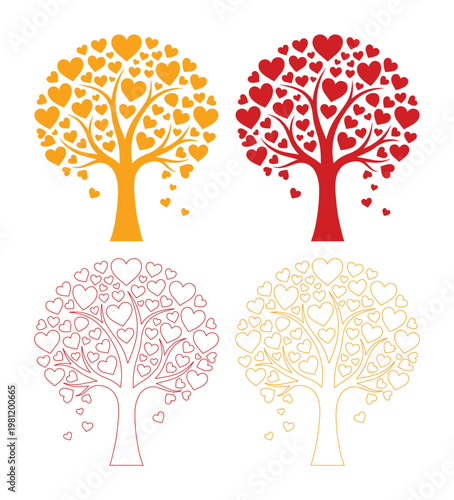 愛と生命を象徴するハートの葉を持つ木々、ロマンチックなデザイン要素のベクターセット、バレンタインデーや結婚式の装飾に最適な4つのスタイル