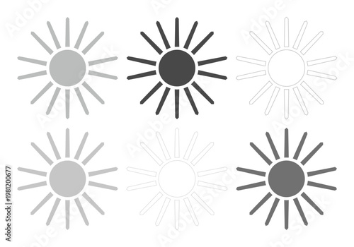 太陽のアイコンセット、シンプルでモダンな日差しと光の表現。ウェブサイトやアプリデザインに最適なモノクロベクター素材。