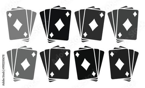 トランプカードのベクターイラストセット、ダイヤモンドのシンボルが特徴的なモノクロームのゲームカードコレクション、カジノやエンターテイメント用途に最適なカードゲームのグラフィック素材