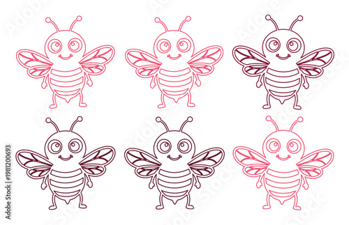 かわいいミツバチの線画イラストセット、子供向けデザインや教育コンテンツに最適な愛らしい蜂のキャラクター、6種類のピンクとブラウンのベクターアイコンコレクション