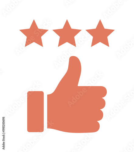 高評価と満足度を示す3つの星と親指を立てた手のシンプルなオレンジ色のベクターアイコン。顧客レビュー、サービス品質、ポジティブなフィードバックを表現する評価シンボル。