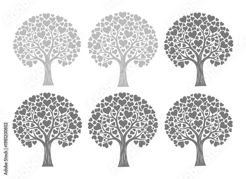 愛と生命の象徴、ハートの葉が茂る生命の木ベクターイラストセット。結婚式、バレンタインデー、記念日デザインに最適なグレースケールアイコン素材。