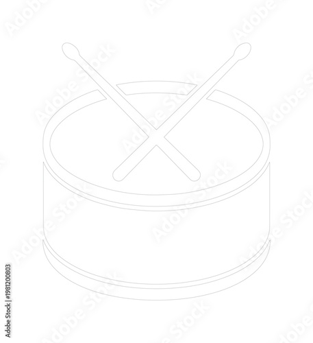 ミニマルなドラムとドラムスティックの線画アイコン、音楽、リズム、エンターテイメントを象徴するシンプルなベクターイラスト、ウェブサイトやアプリのUIデザインに最適な楽器のシンボル